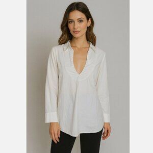 Anthropologie One Teaspoon Blouse White Plunge Neck Collar Top 3/4 Sleeve Cotton
